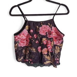 Band of Gypsies brand size medium black and pink floral crop top with lace trim